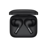 OnePlus Buds Pro black true wireless earbuds neatly placed in charging case, top view