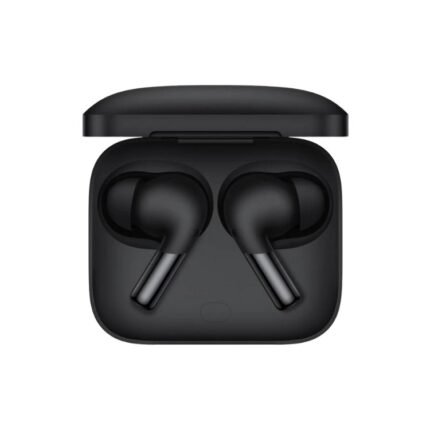 OnePlus Buds Pro black true wireless earbuds neatly placed in charging case, top view