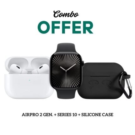 A white case of AirPro 2 earbuds and a black Watch Series 10, displayed as a "Combo Offer."