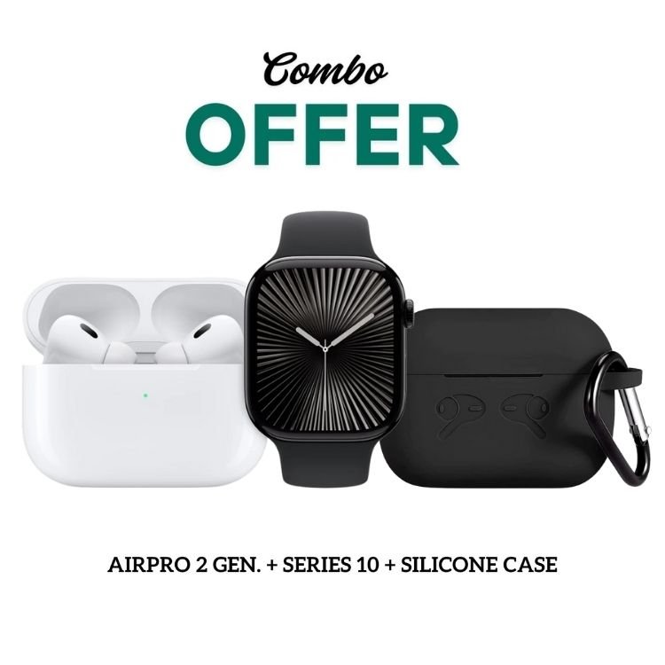 A white case of AirPro 2 earbuds and a black Watch Series 10, displayed as a "Combo Offer."